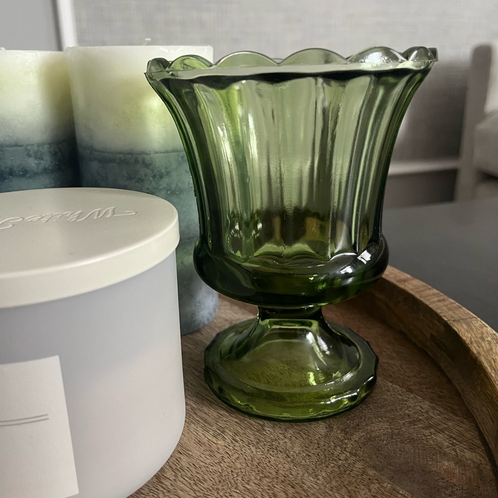 Vintage 1970's Avocado Green Glass Vase Candle Votive